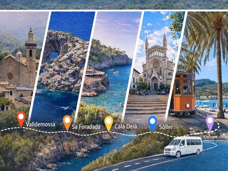 Map of Mallorca private tour route from Palma to Valldemossa, Sa Foradada, Deia, Cala Deia, Soller and Port de Soller along the Tramuntana scenic drive.