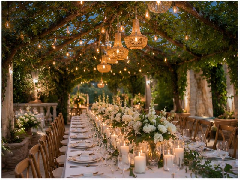 Luxury wedding reception setup in Mallorca with elegant decoration